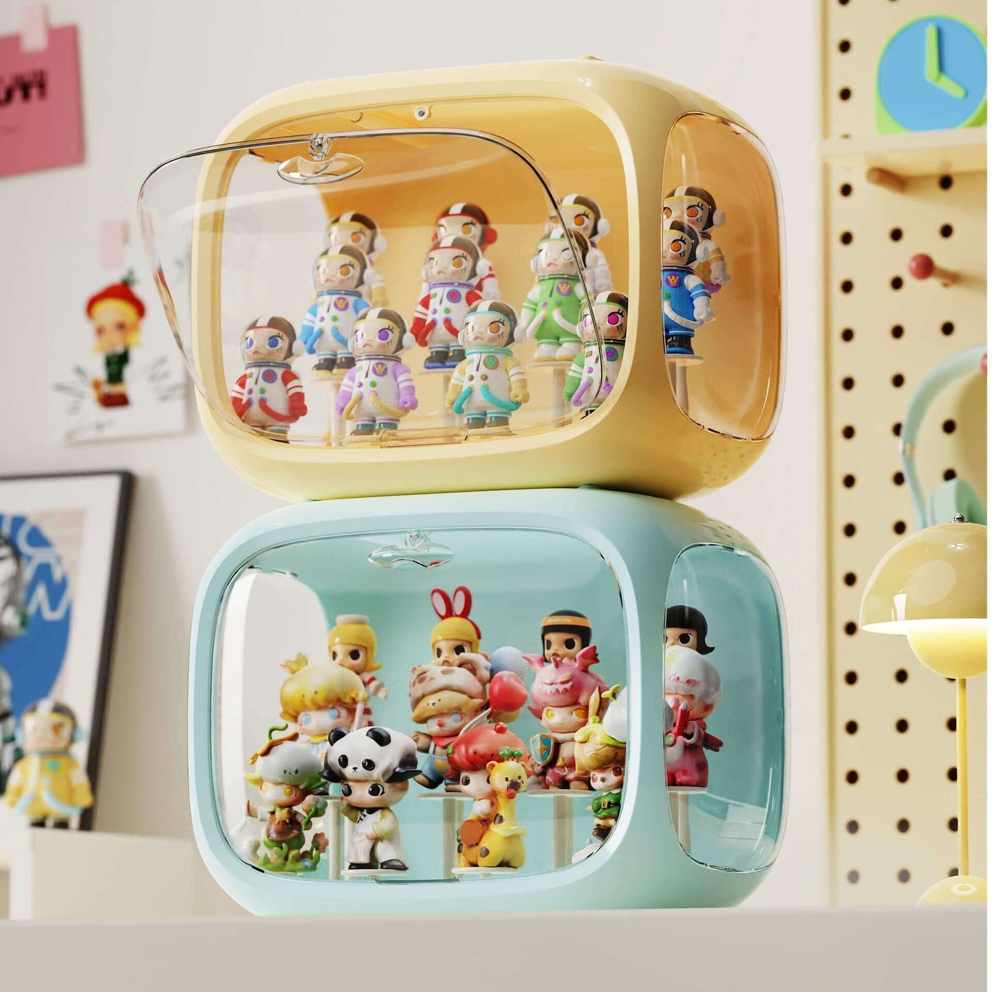 No.QH3009 Space capsule blind box display box high transparent acrylic dustproof storage box Pop Mart hand-made box DIY base bracket magnetic suction opening and closing free stacking