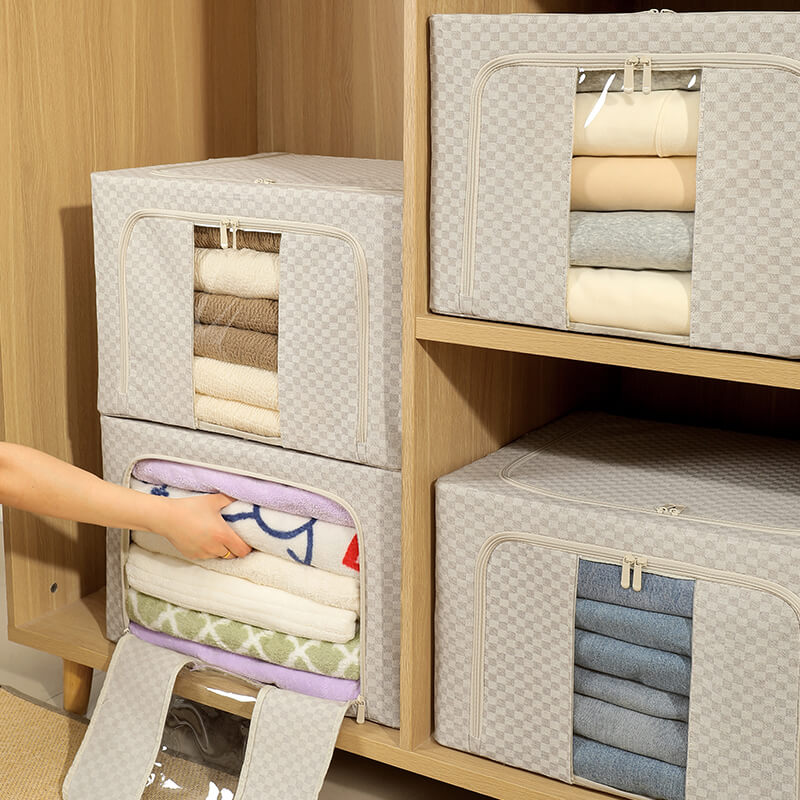 No.A1803 新款抗菌棋盤格收納箱 可折疊加粗鋼架衣服百納箱 布藝雪絨棉被子整理箱