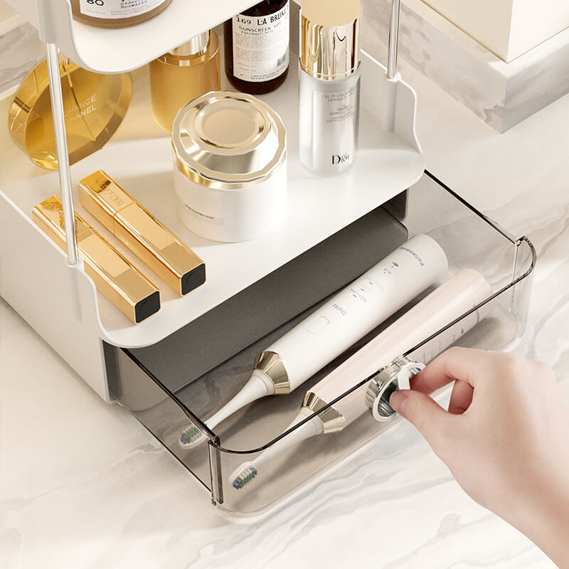 No.B33-6605帶抽屜輕奢桌面置物架 衛生間浴室收納架 化妝品收納盒 梳妝枱收納架 桌上收納架置物架