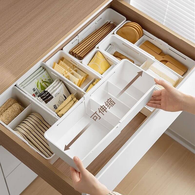 No. AW2309003 Retractable storage box with dividers, drawer organization and storage box, home kitchen tableware storage drawer, underwear organization box, plastic compartment storage box