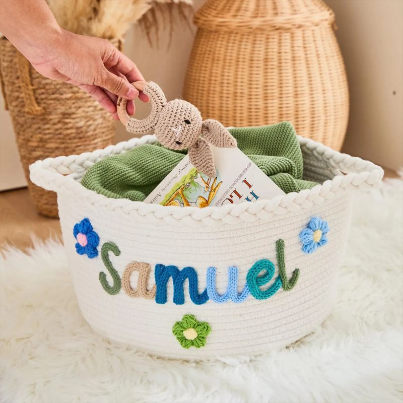 No.CG-01 客製化手工棉繩編織收納籃 可繡名字與圖案 新生兒彌月/派對禮物