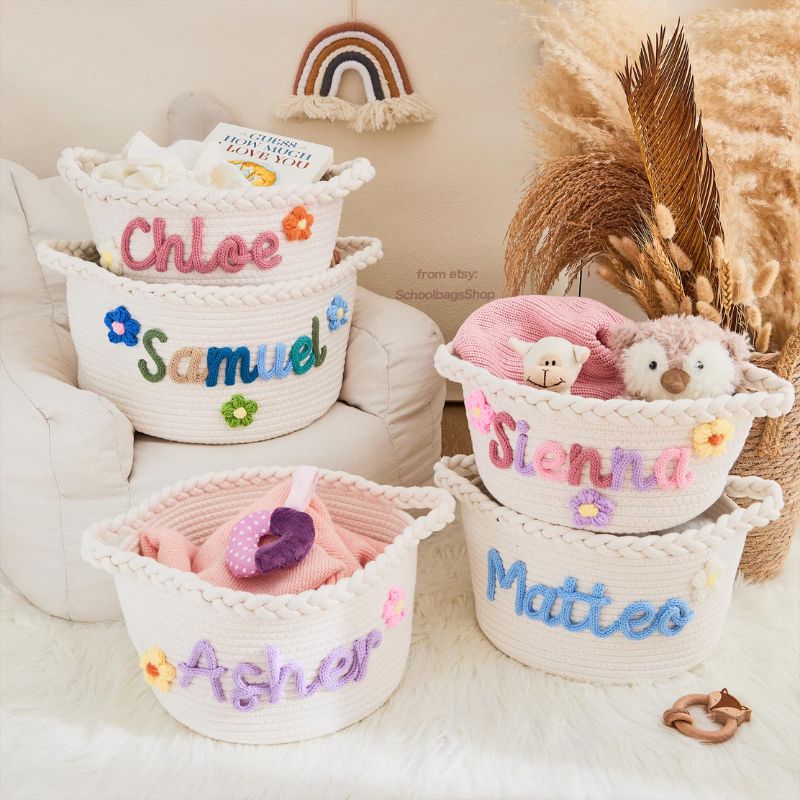 No.CG-01 客製化手工棉繩編織收納籃 可繡名字與圖案 新生兒彌月/派對禮物