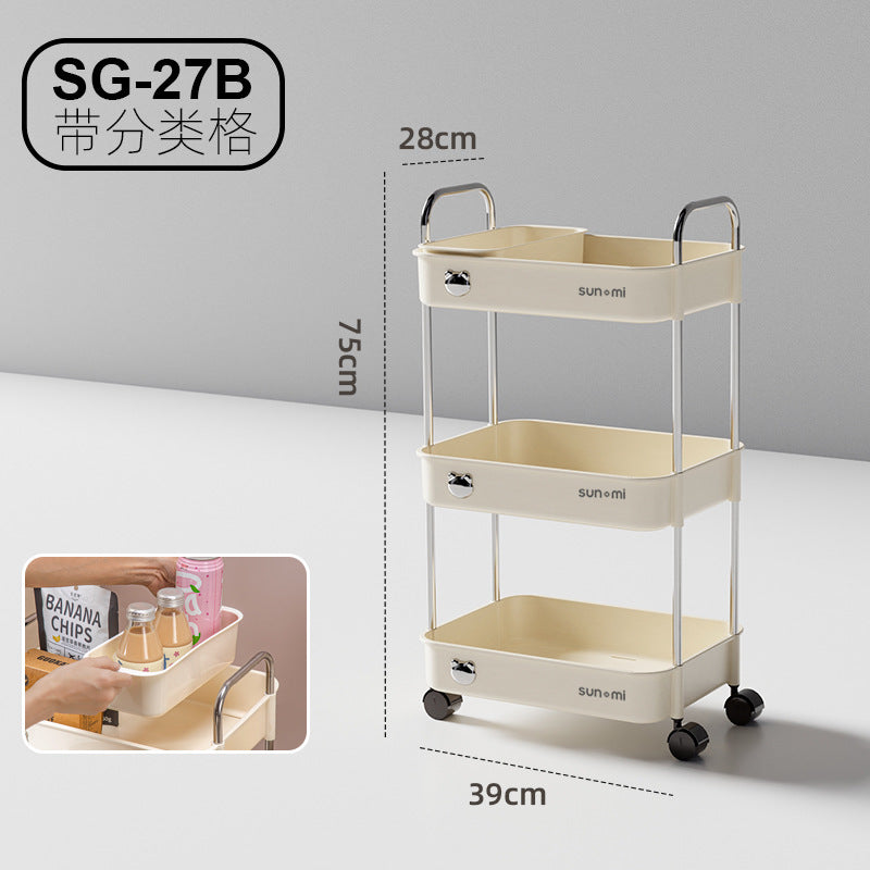 No.SG-26/SG-27 cream style kitchen storage rack with reel trolley with reel shelf living room kitchen snack fruit drink storage narrow slit storage under table storage cart