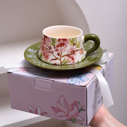 No.AL564123 Coffee Cup Set Peach Blossom Coffee Cup and Saucer Retro Medieval Mug Set Lily of the Valley Coffee Cup